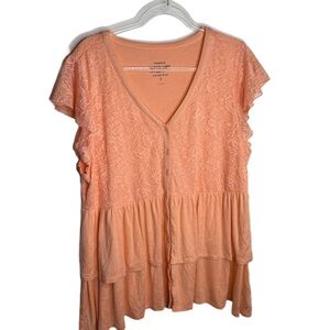 Super Soft V-Neck Lace Bodice Tiered Babydoll Top in peach boho Size 2
